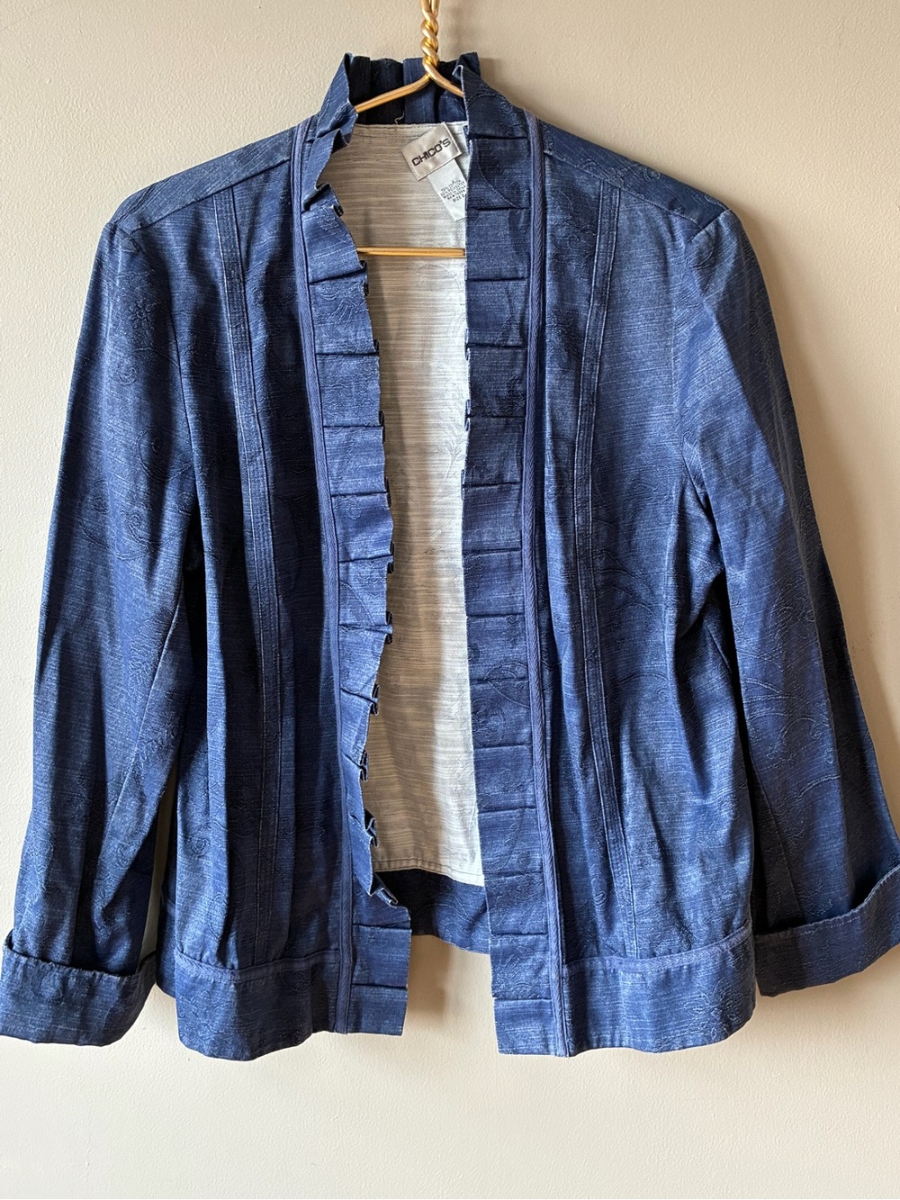 Chico's blue Chambray lightweight ruffle cardigan blazer jacket L